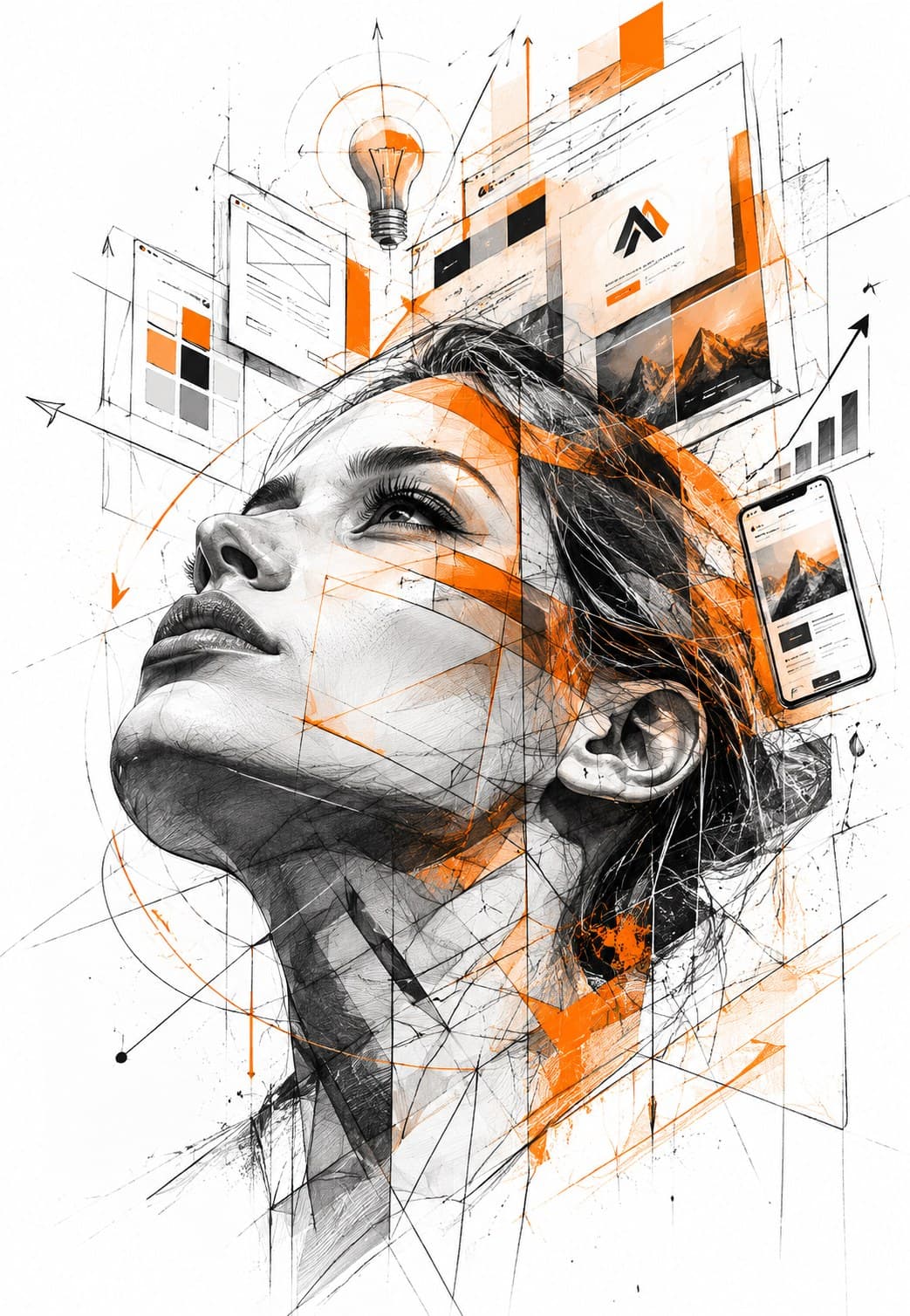 Ilustración de una mujer mirando hacia arriba rodeada de bocetos de diseño web, marca y aplicaciones