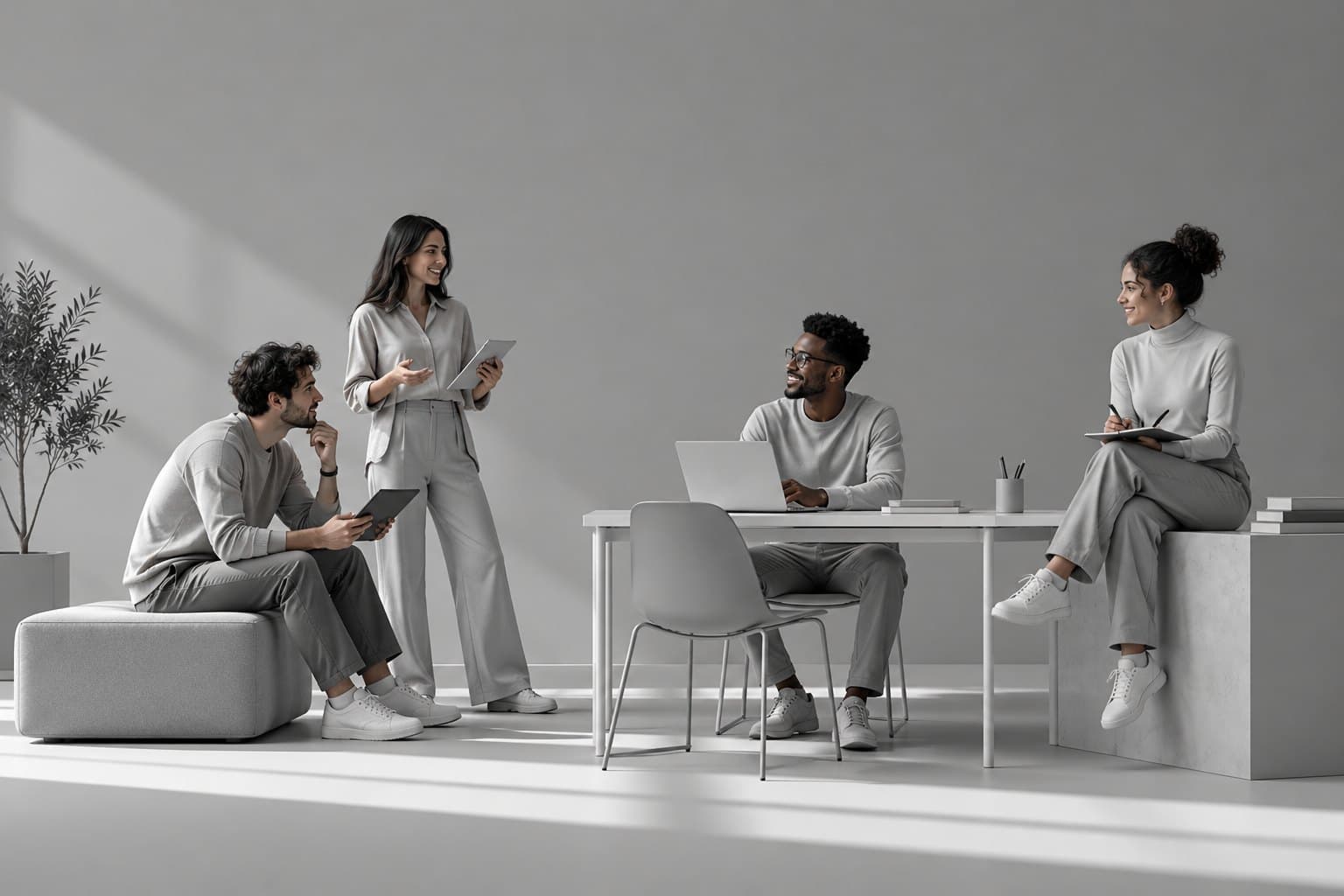 Equipo de trabajo conversando alrededor de una mesa